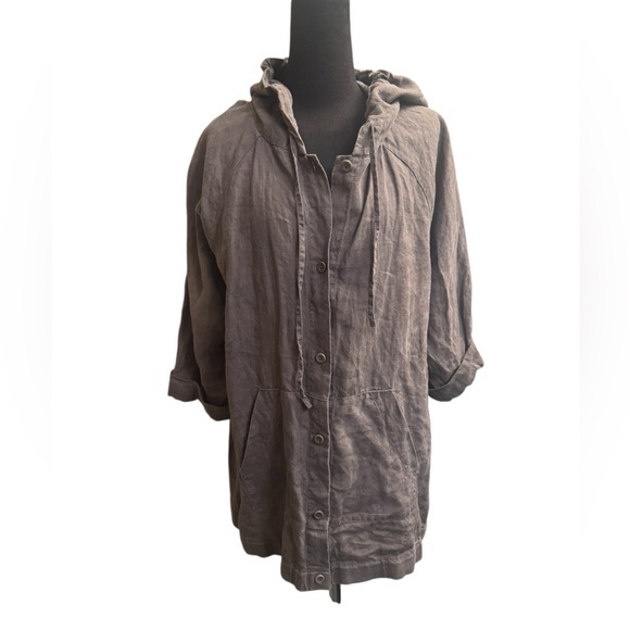ORGANIC LINEN EILEEN FISHER Women’s SZ L Anorak Jacket Button Pockets Hood Brown - Picture 1 of 17